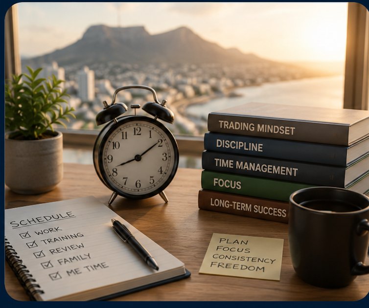 Alarm clock and a daily trading schedule notebook beside a stack of books, with a sunrise view over the coastline