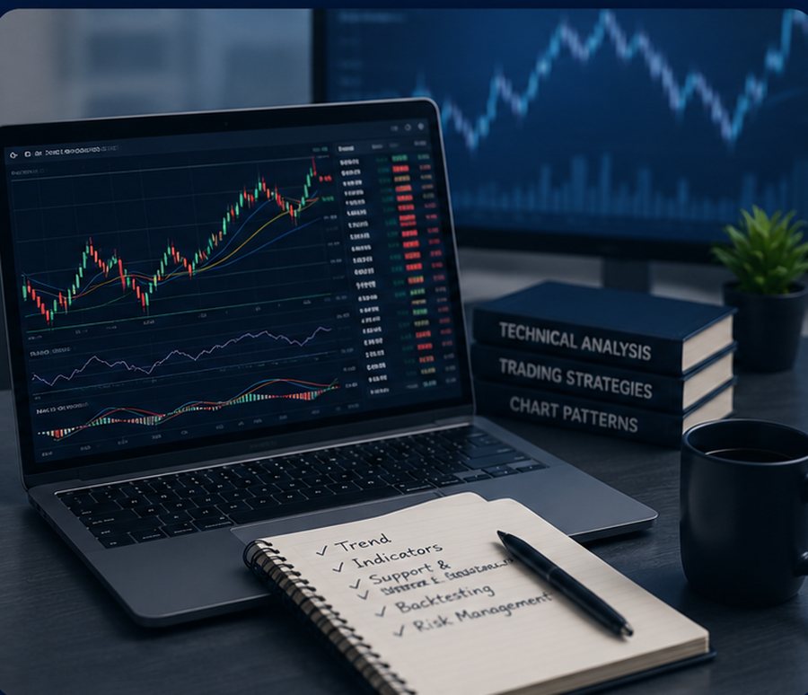 Laptop showing a candlestick chart with technical indicators, next to books on technical analysis and trading strategies and a notebook listing trend and backtesting