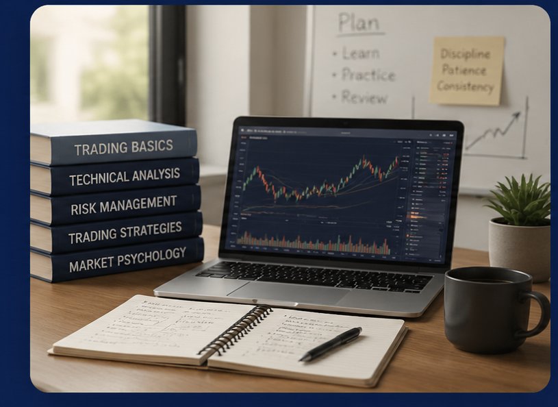 Trading education books stacked beside a laptop with a chart