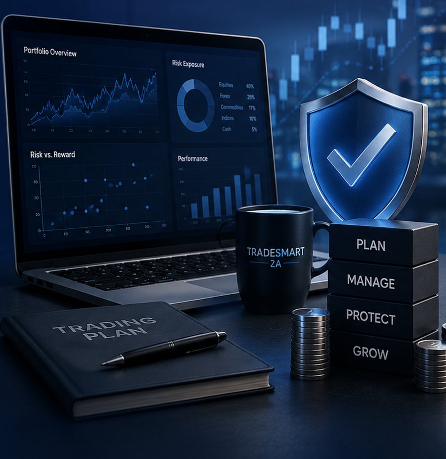 Laptop showing a portfolio overview with risk exposure and performance charts, next to a trading plan notebook, a shield checkmark icon, and stacked coins
