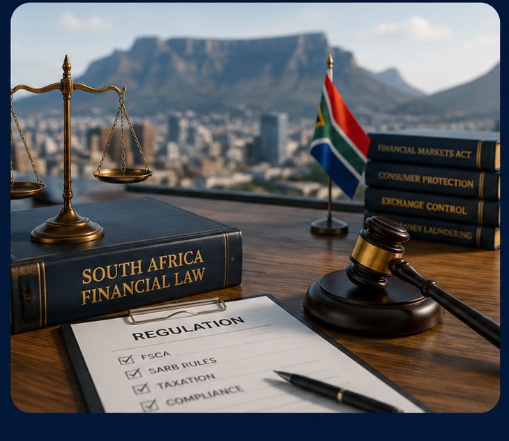 Scales of justice and a South African financial law book with a regulation checklist, Table Mountain in the background