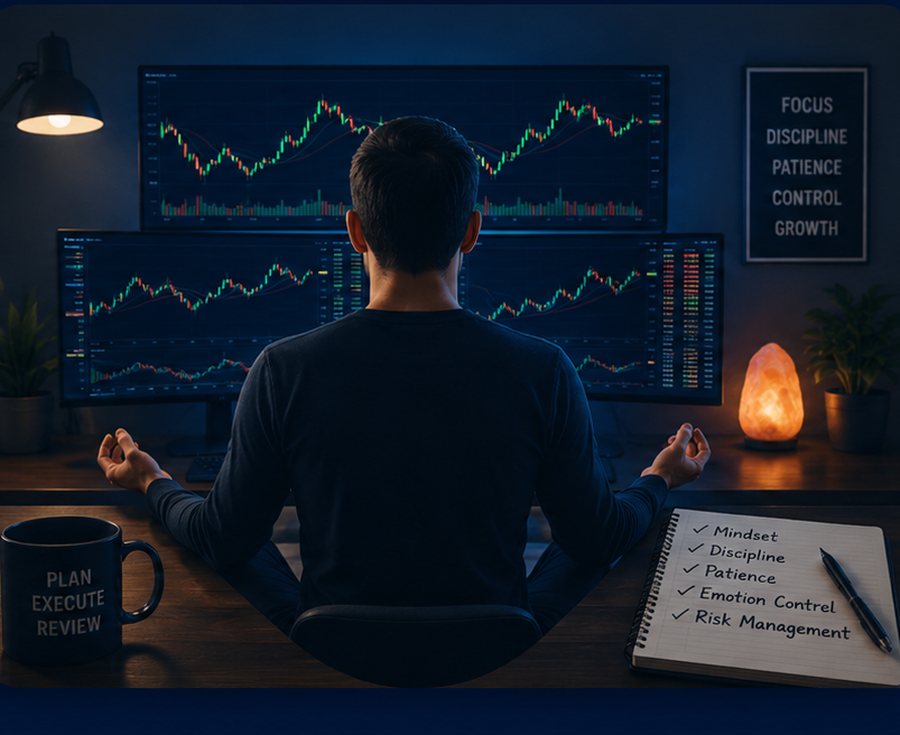 Trader meditating at a desk in front of two monitors showing candlestick charts, with a salt lamp and a notebook listing mindset, discipline, and risk management