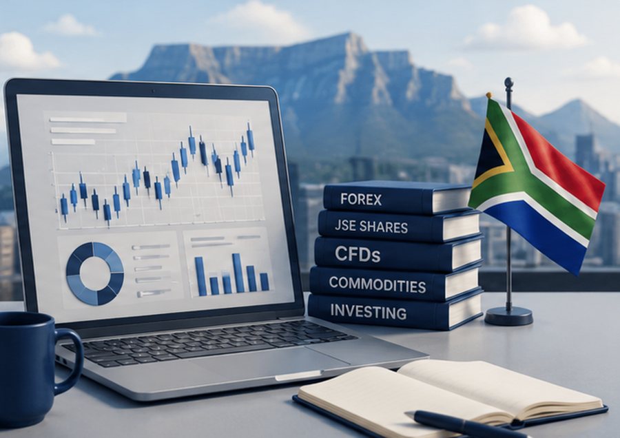 Laptop showing trading charts beside Forex, JSE, CFD, and investing reference books, with a South African flag and Table Mountain in the background