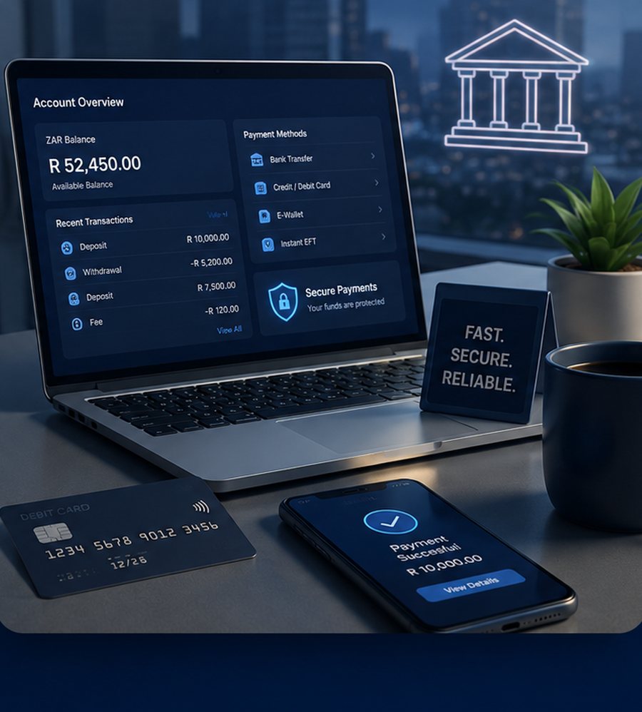Laptop showing an account overview with ZAR balance and payment methods, next to a debit card, a phone showing a successful payment, and a bank icon
