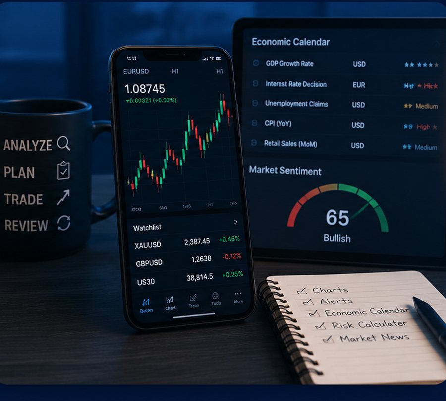 Phone showing a trading app with live chart, watchlist, and an economic calendar with market sentiment gauge alongside a notebook of trading tools