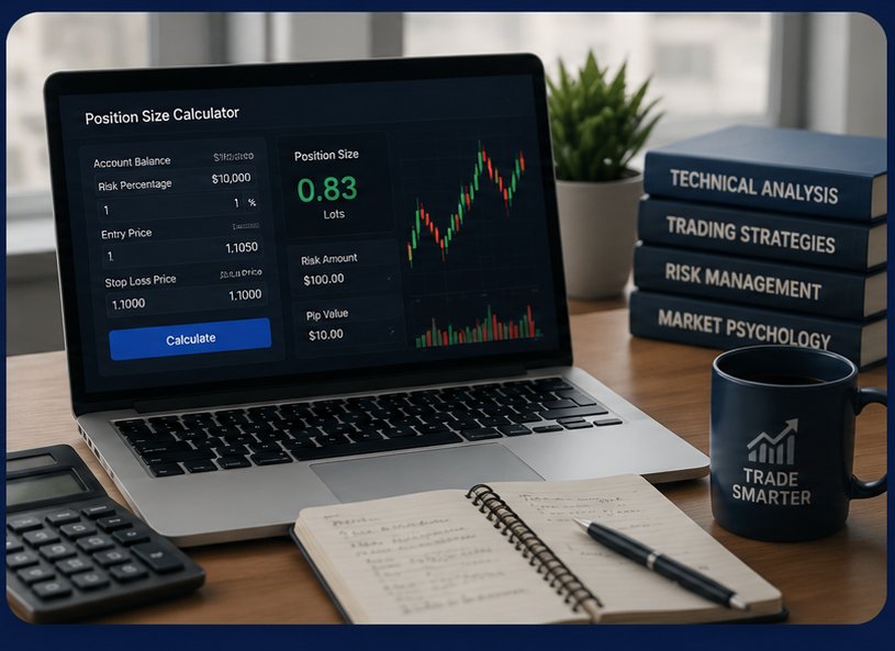 Position size calculator dashboard on a laptop screen