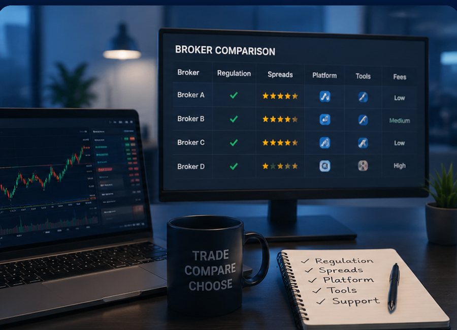 Laptop and monitor showing a broker comparison table with regulation, spreads, platform, tools, and fees columns, next to a mug and a notebook listing broker selection criteria