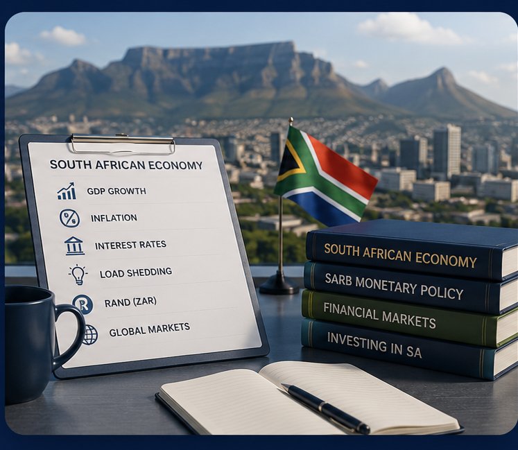 South African economy indicators clipboard with Table Mountain and the national flag in the background