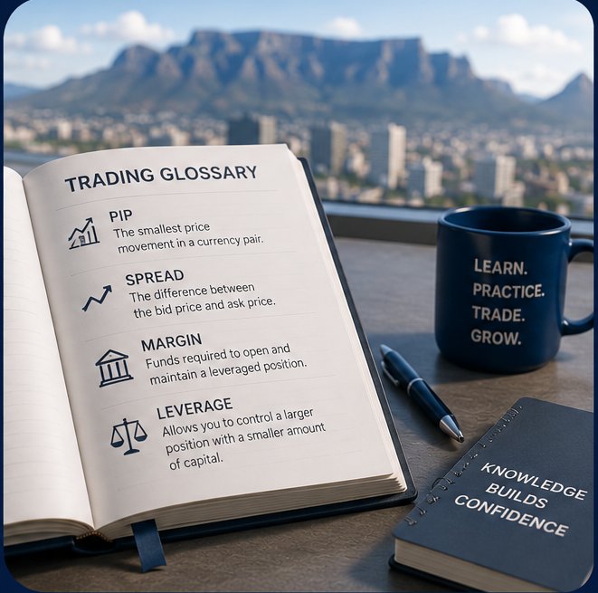 Open trading glossary notebook defining pip, spread, margin and leverage, with Table Mountain in the background