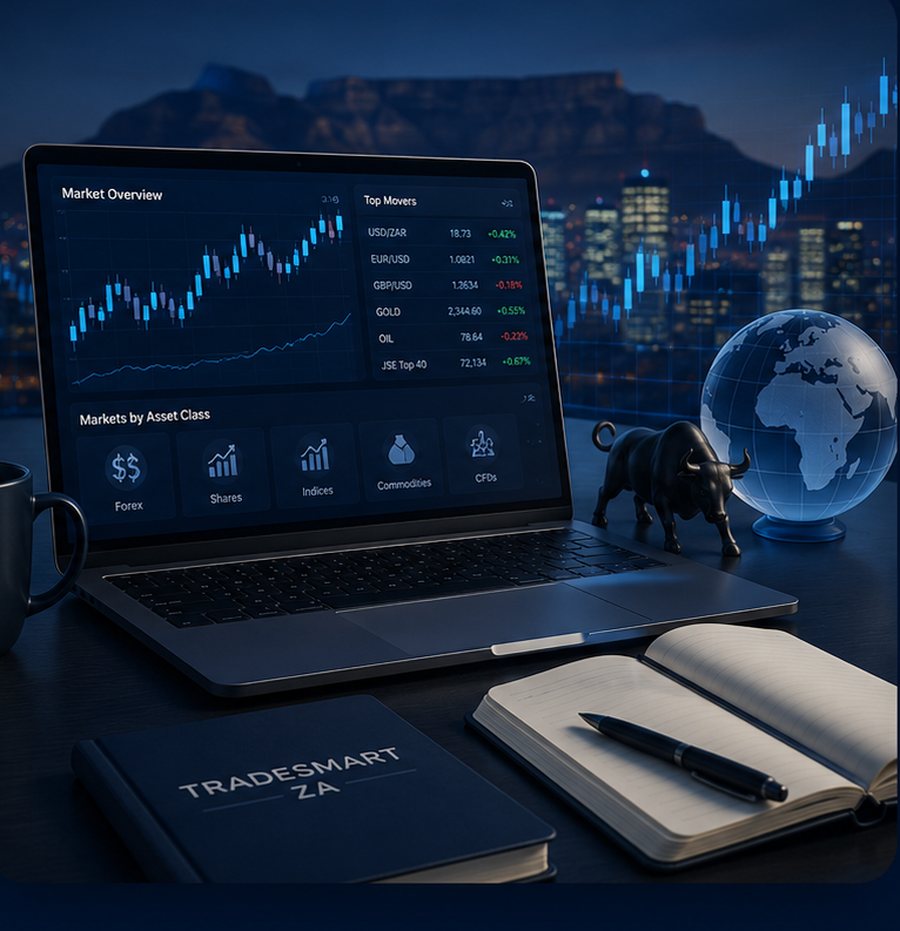 Laptop showing a market overview dashboard with top movers and asset classes, with a globe, a bull figurine, and Table Mountain in the background