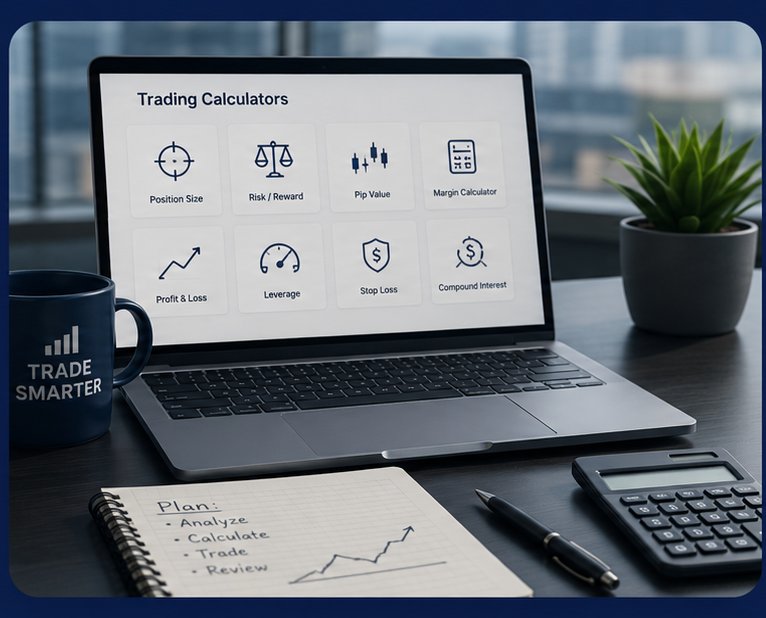 Trading calculator dashboard on a laptop screen